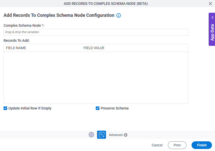 Add Records To Complex Schema Node Configuration screen