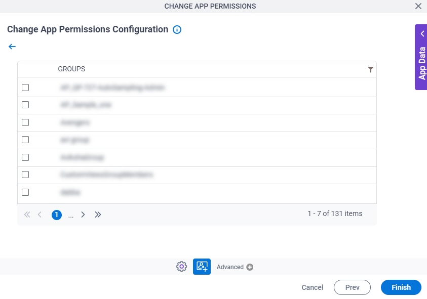 Change App Permissions Configuration Configure Groups screen