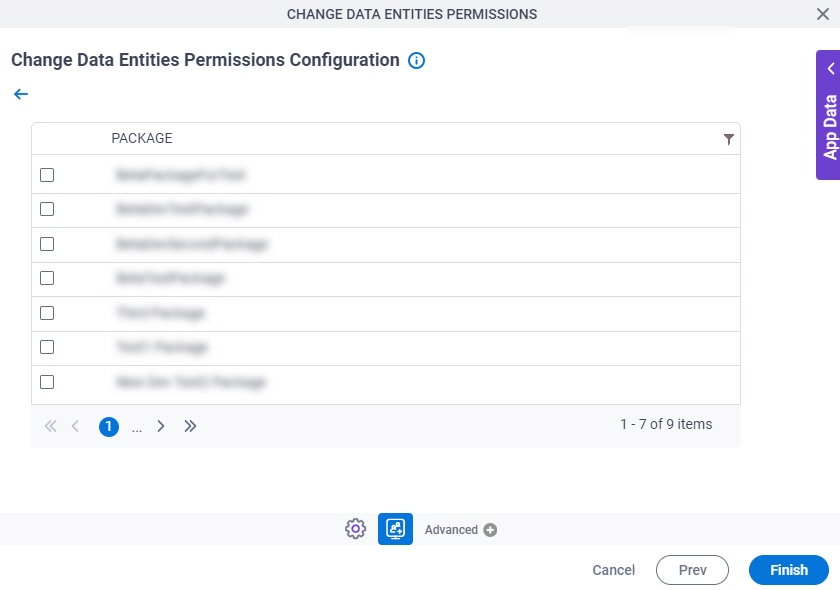 Change Data Entities Permissions Configuration Configure Package screen