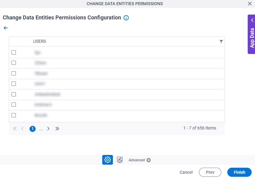 Change Data Entities Permissions Configuration Configure Users screen