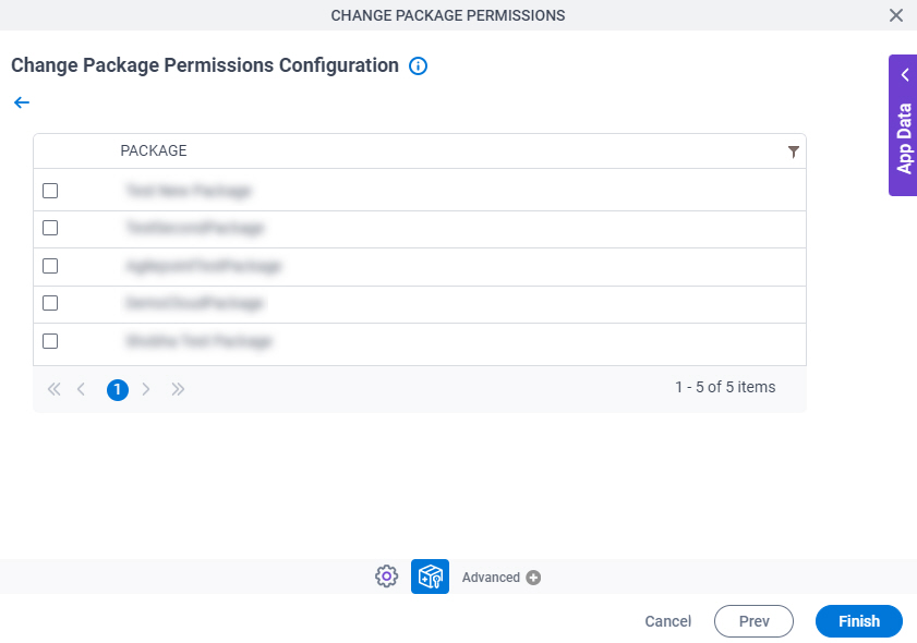 Change Package Permissions Configuration Configure Package screen