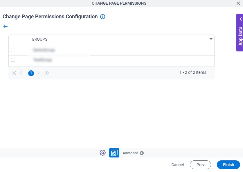 Change Page Permissions Configuration Configure Groups screen