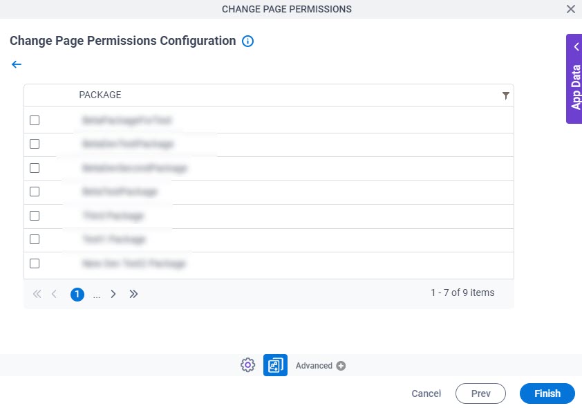 Change Page Permissions Configuration Configure Package screen