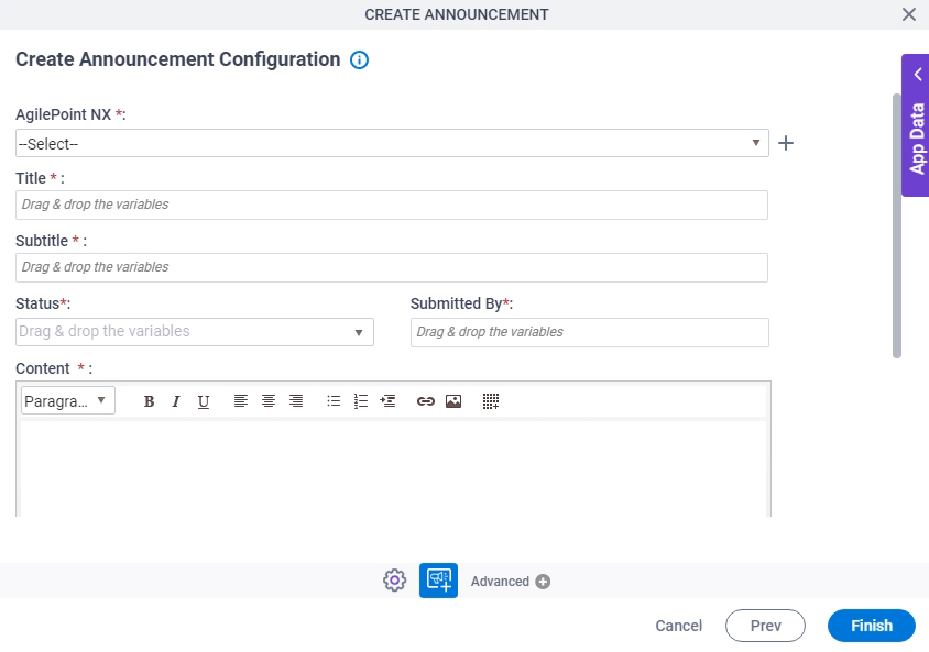 Create Announcement Configuration screen