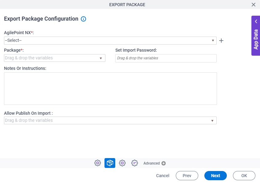 Export Package Configuration screen