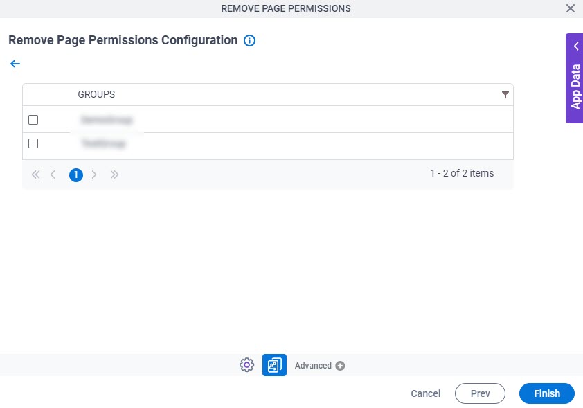 Remove Page Permissions Configuration Configure Groups screen