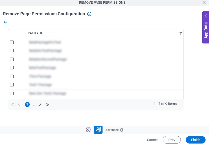 Remove Page Permissions Configuration Configure Package screen