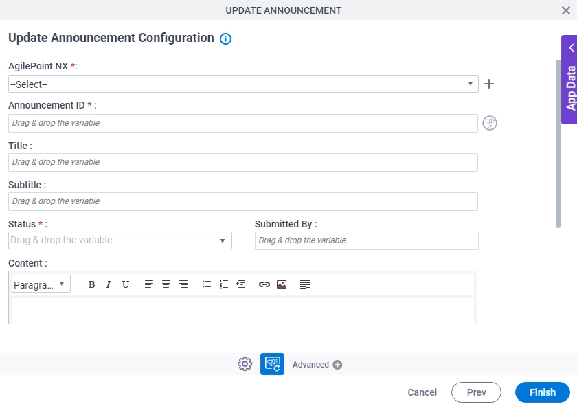 Update Announcement Configuration screen