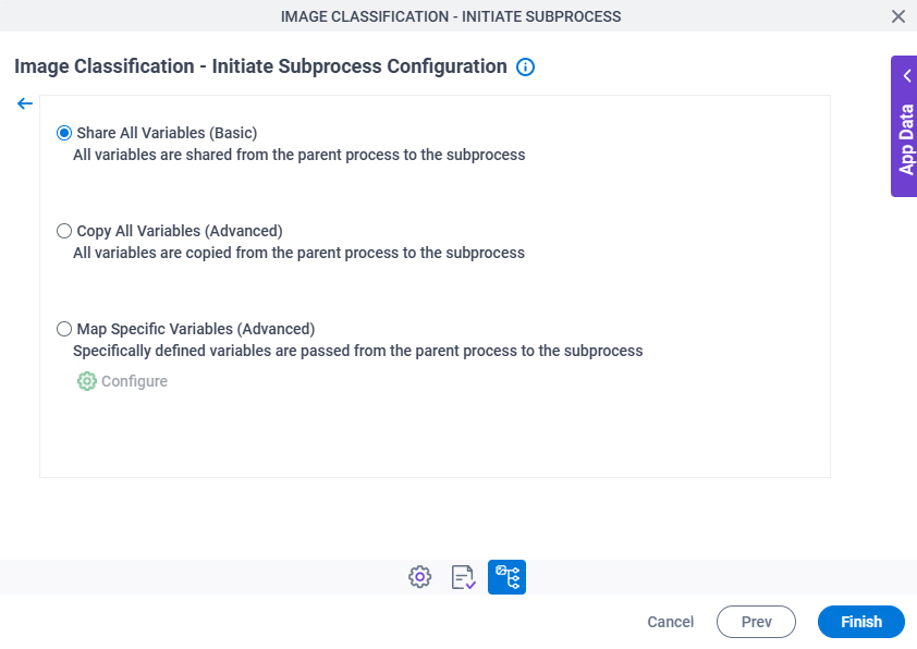 Image Classification Initiate Subprocess Configuration Additional Actions tab Mapping Variables screen