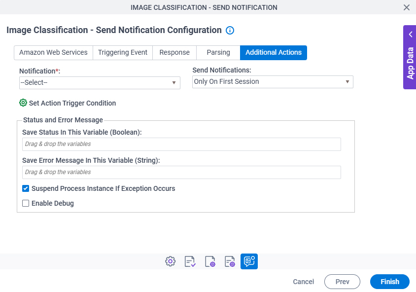 Image Classification Send Notification Configuration Additional Actions tab