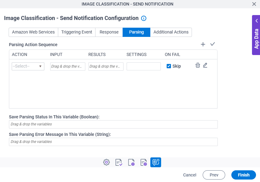 Image Classification Send Notification Configuration Parsing tab