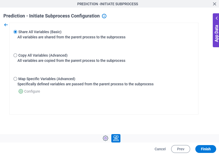 Prediction Initiate Subprocess Configuration Additional Actions tab Mapping Variables screen