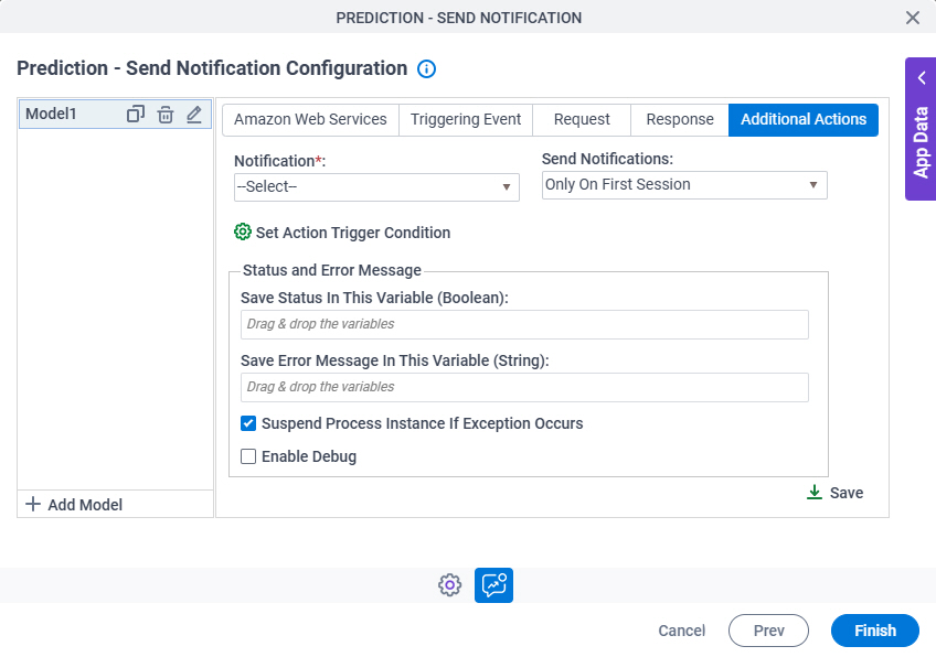 Prediction Send Notification Configuration Additional Actions tab