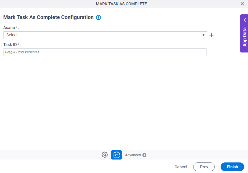 Mark Task As Complete Configuration screen