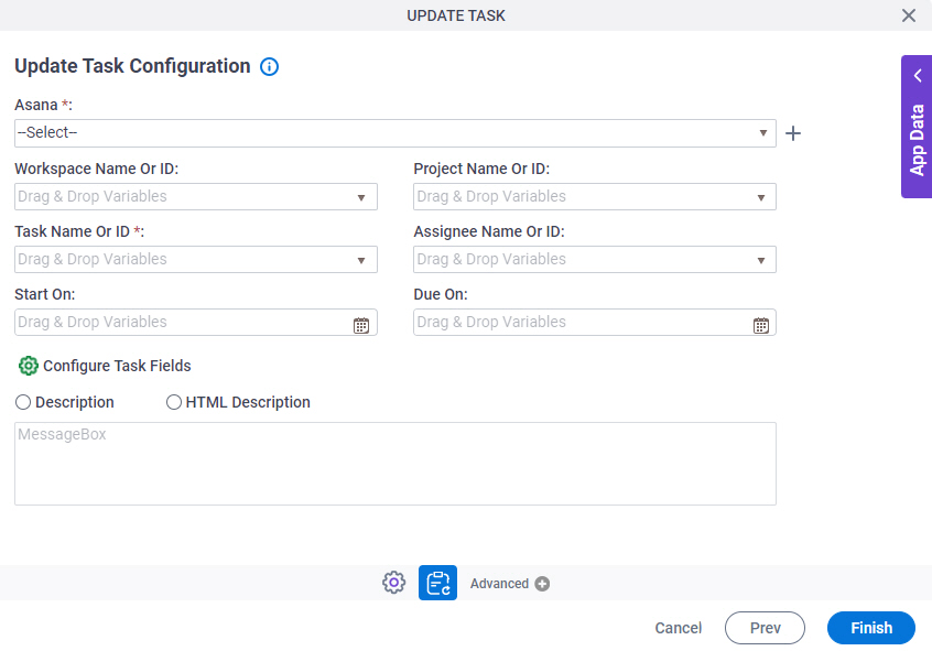 Update Task Configuration screen