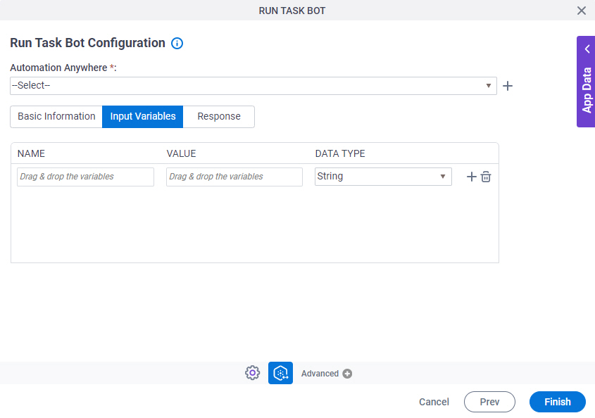 Run Task Bot Configuration Input Variables tab