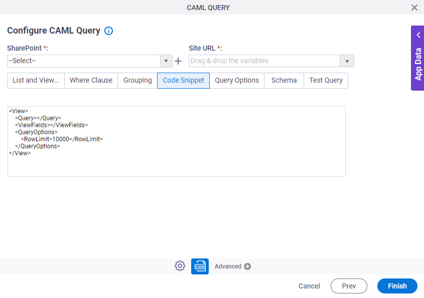 Configure CAML Query Code Snippet tab