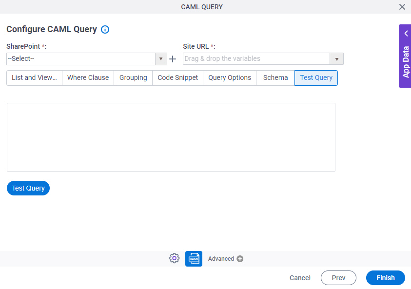 Configure CAML Query Test Query tab