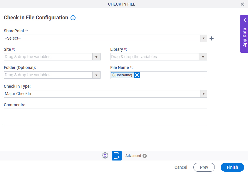 Check In File Configuration screen