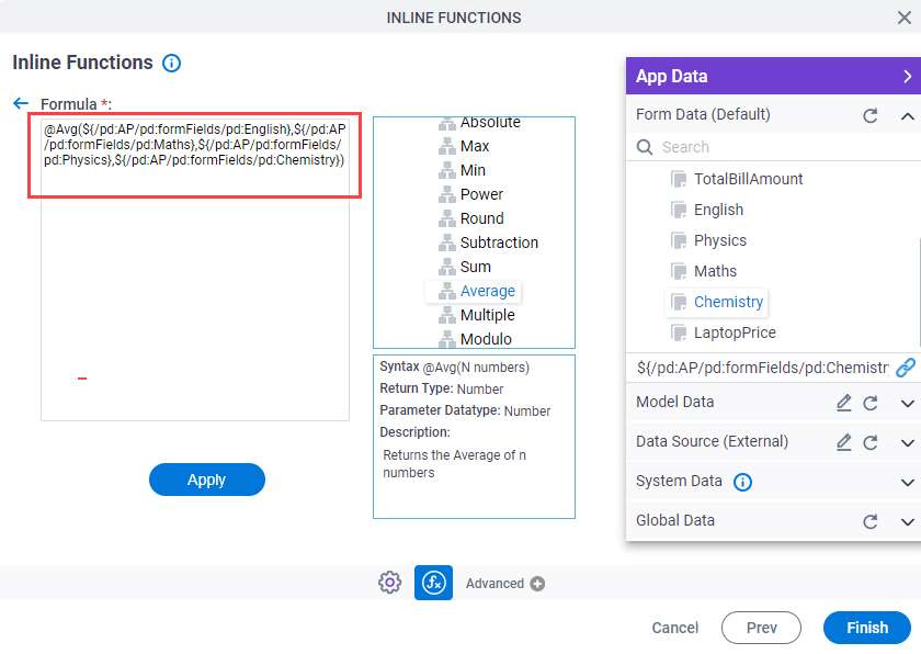 Inline Functions screen Variables