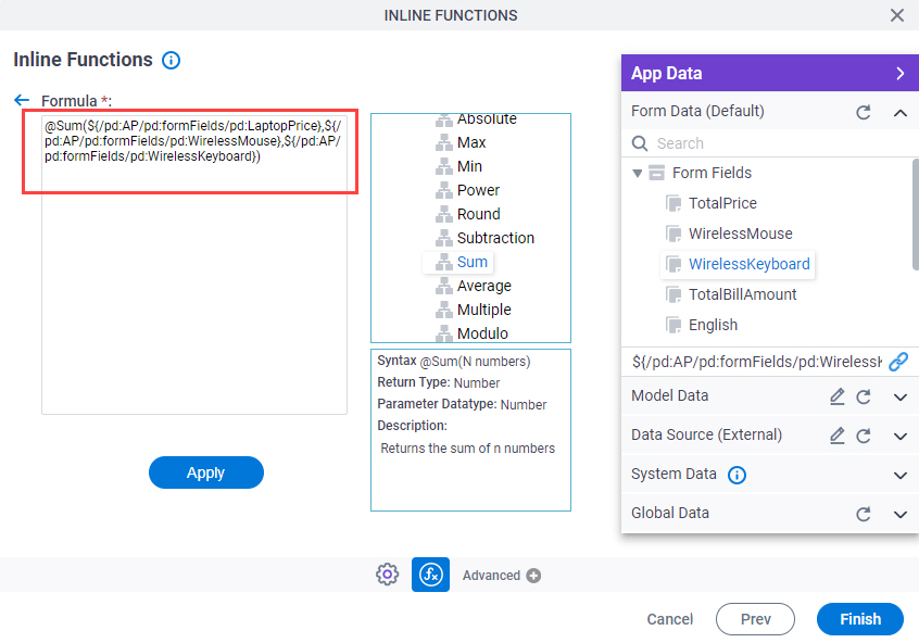 Inline Functions screen Variables