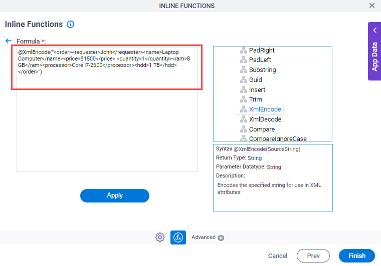 Inline Functions screen Variables