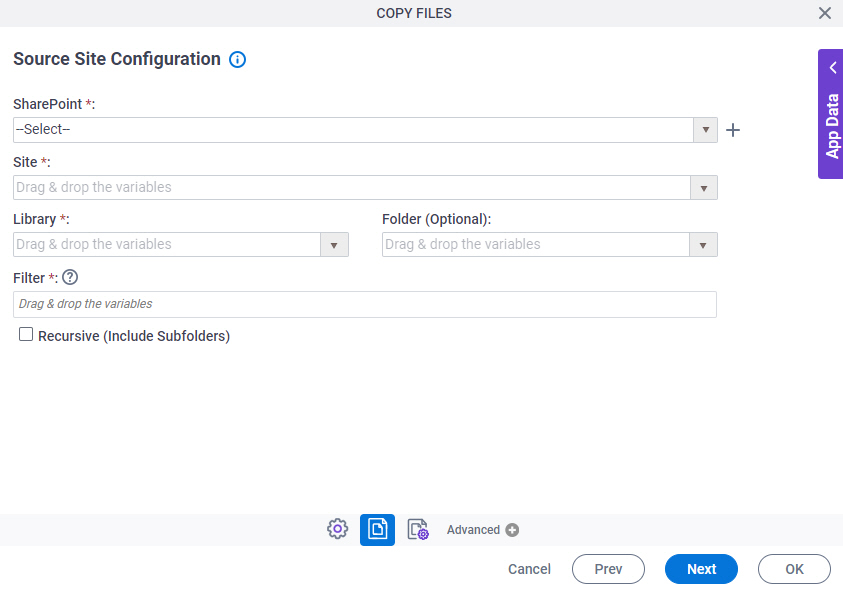 Source Site Configuration screen