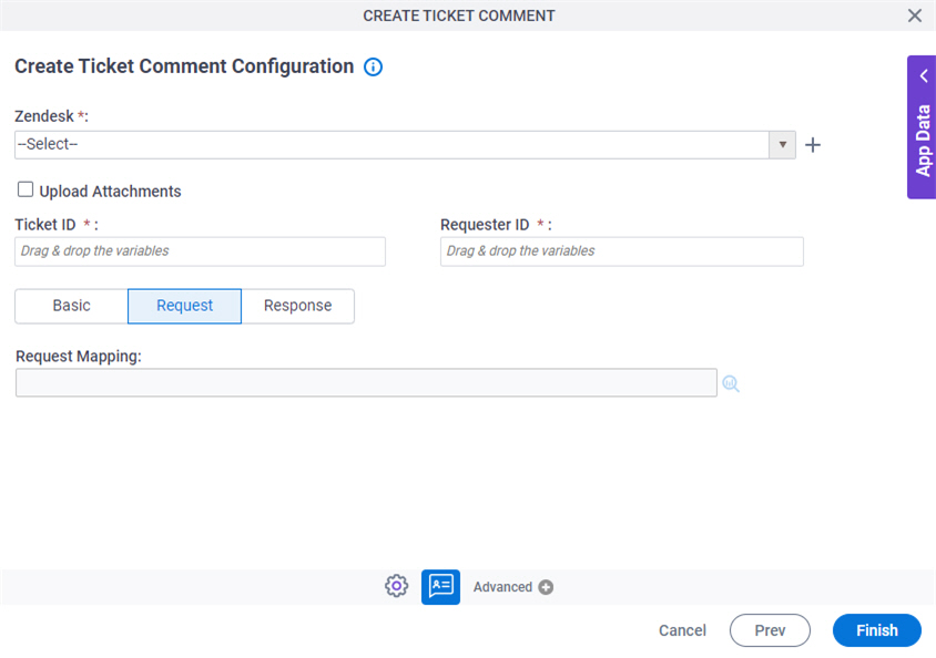 Create Ticket Comment Configuration Request tab