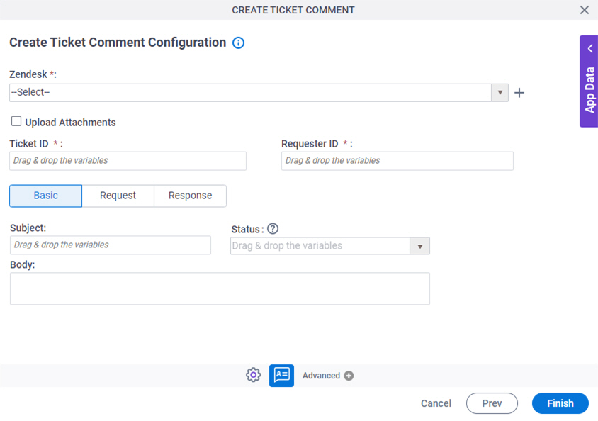 Create Ticket Comment Configuration Basic tab