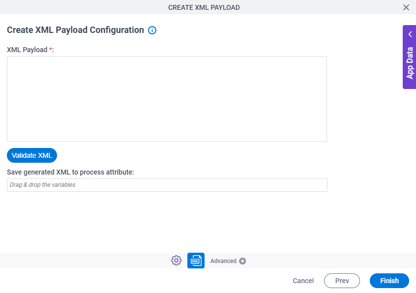 Create XML Payload Configuration screen