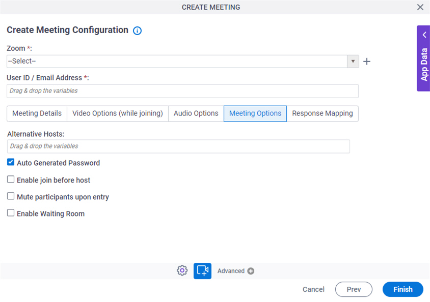 Create Zoom Meeting Configuration Meeting Options tab