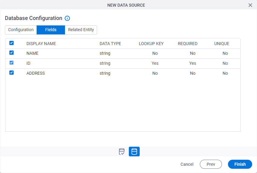 Database Configuration Fields screen