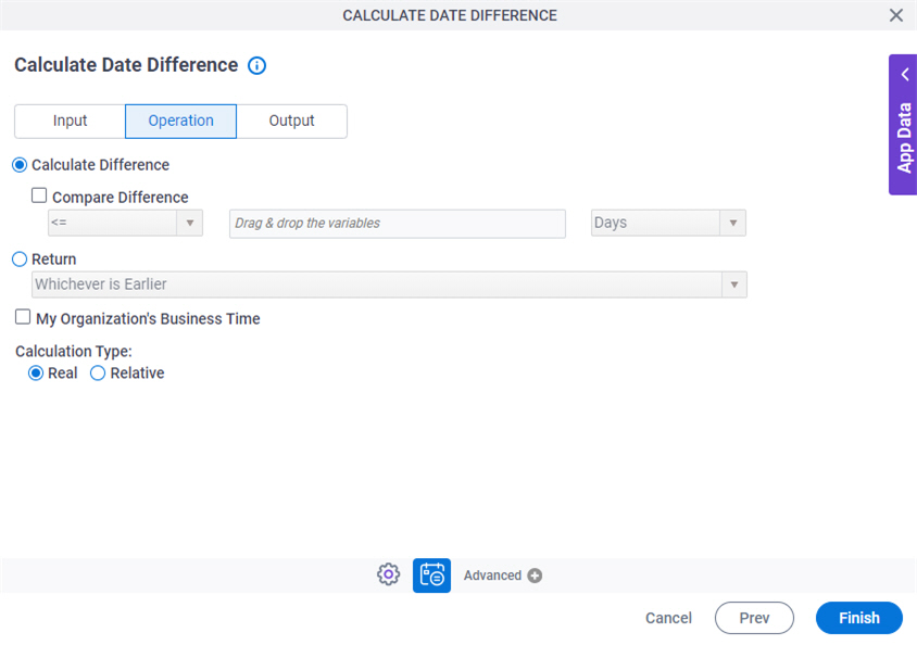 Calculate Date Difference Operation tab