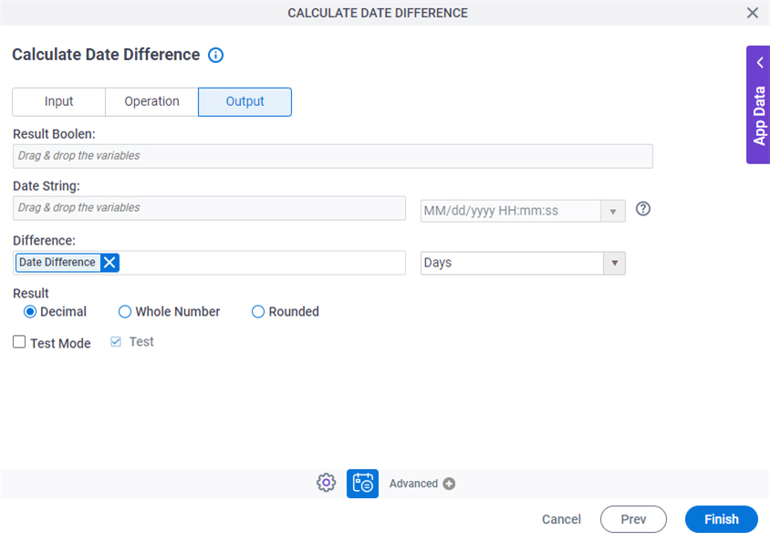 Calculate Date Difference Output tab