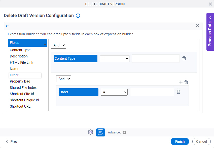 Delete Draft Version Configuration Expression Builder screen