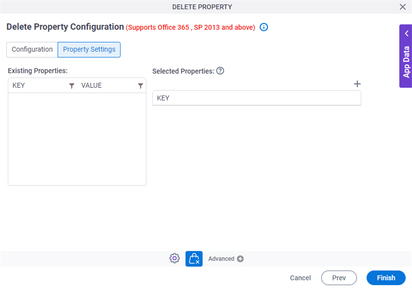 Delete Property Configuration Property Settings tab