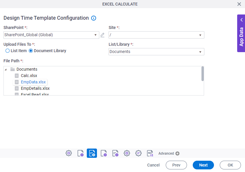 Design Time Template Configuration screen