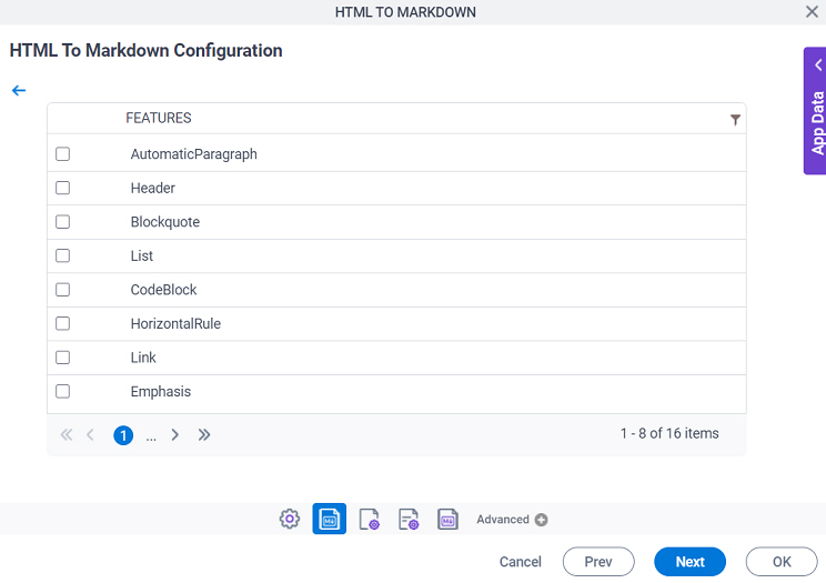 HTML To Markdown Configuration Configure Features screen