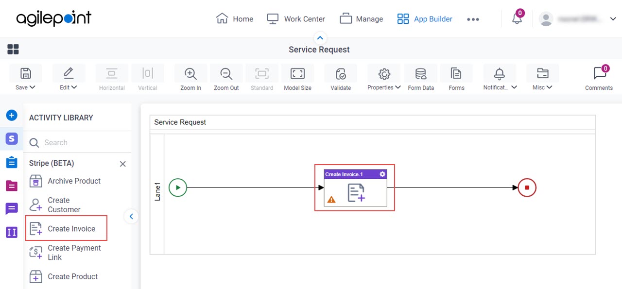 Drag Create Invoice activity