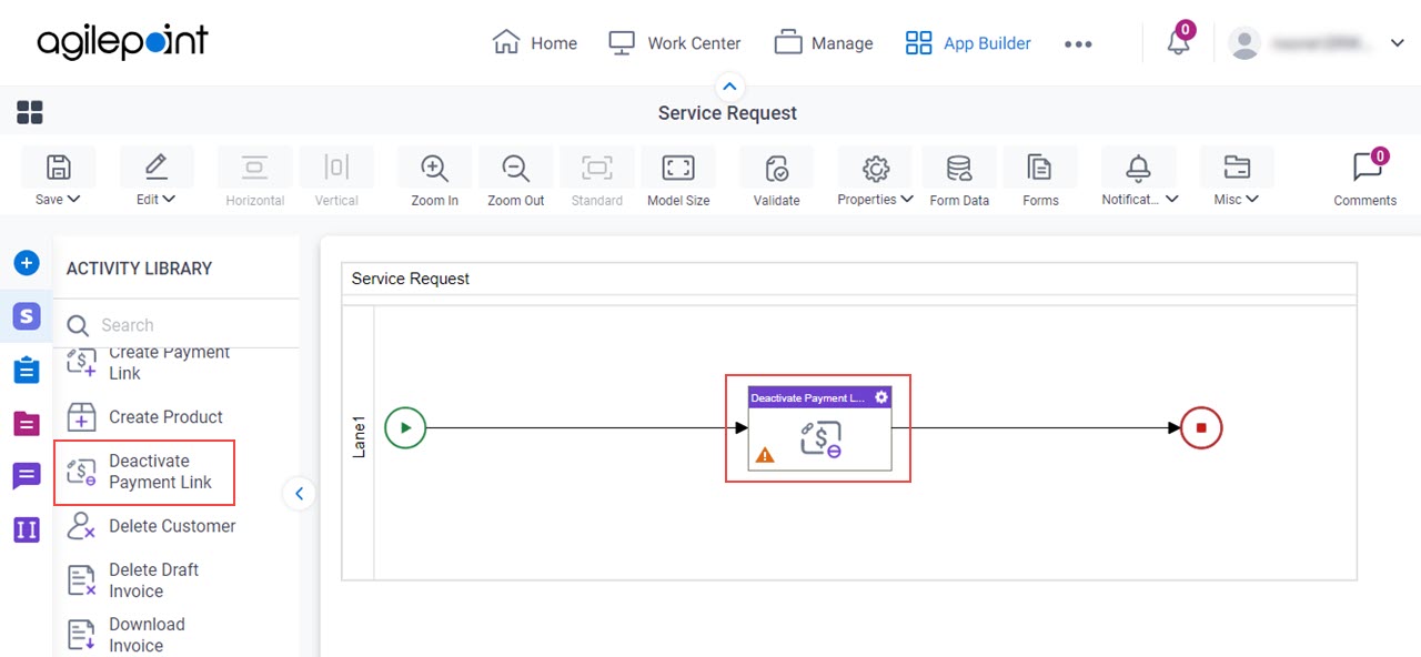 Drag Deactivate Payment Link activity