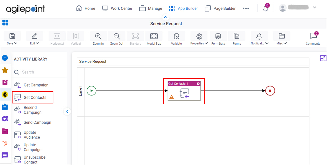 Drag Get Contacts activity