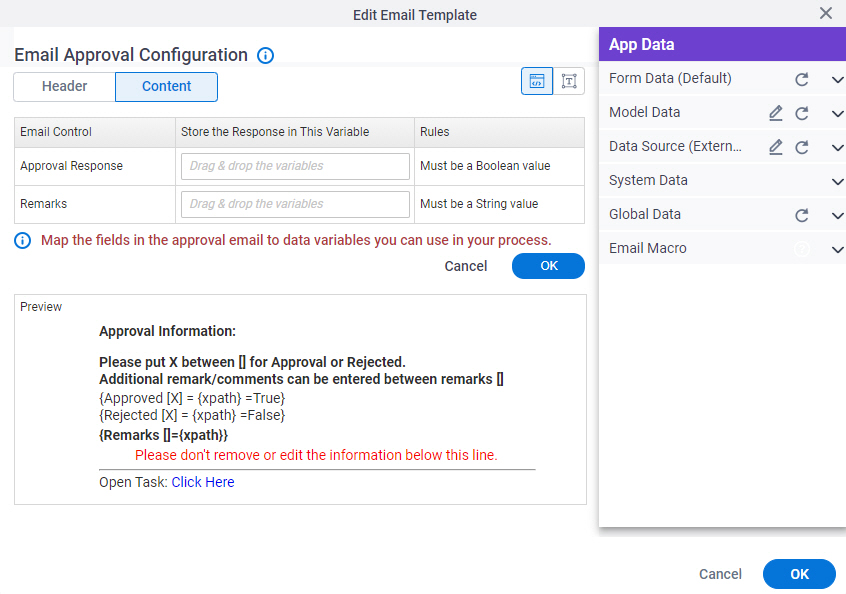 E-mail Approval Configuration screen