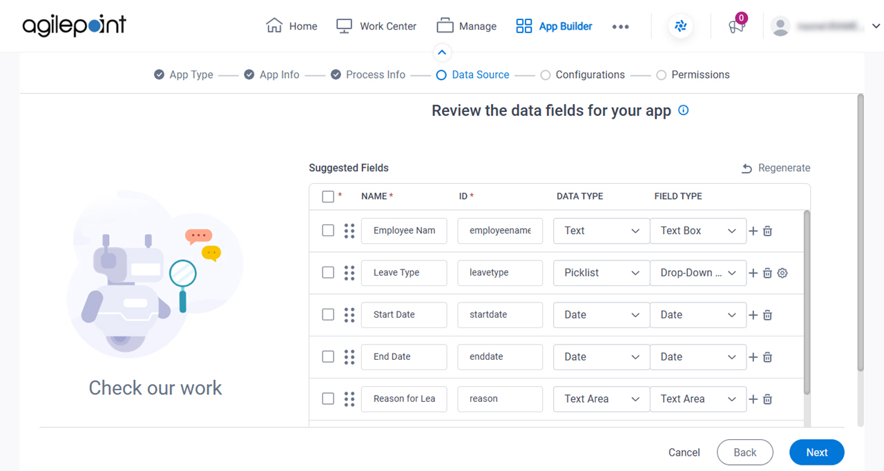 Review the data fields for your app screen