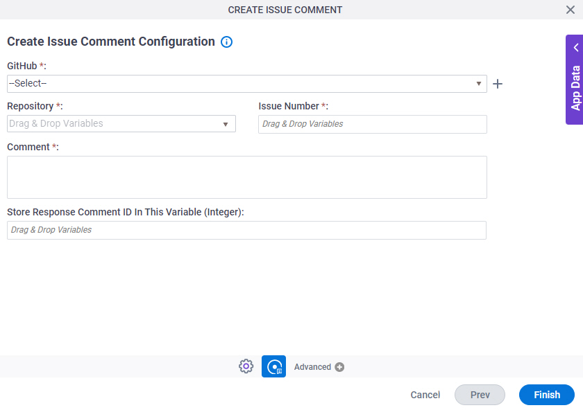 Create Issue Comment Configuration screen