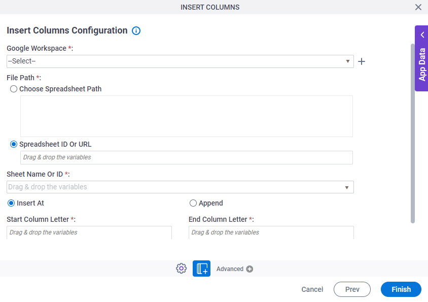 Insert Columns Configuration screen