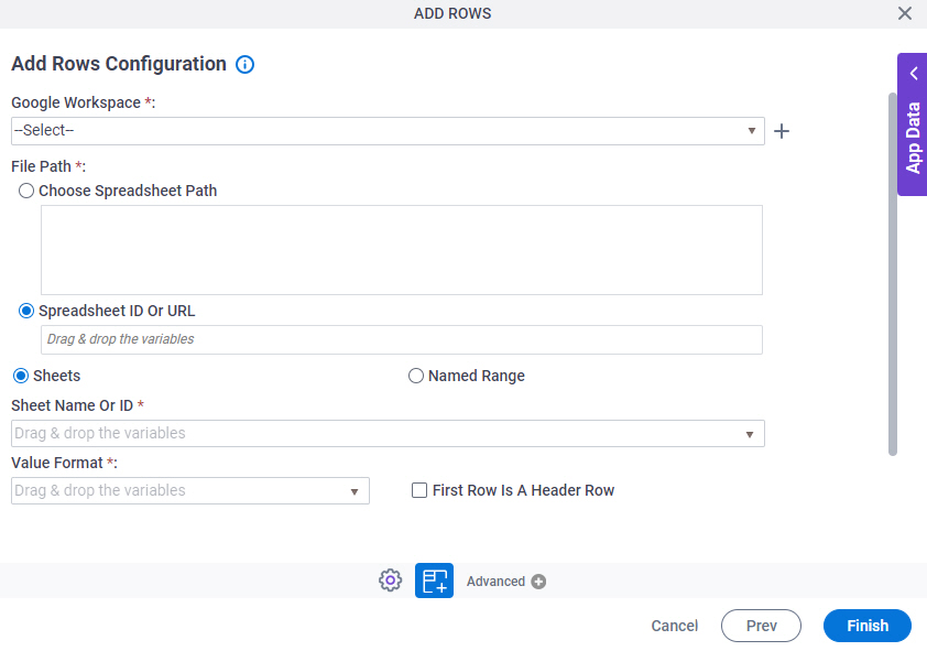 Add Rows Configuration screen