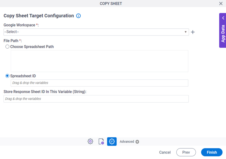 Copy Sheet Target Configuration screen