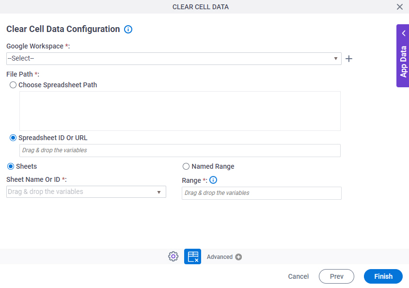 Clear Cell Data Configuration screen