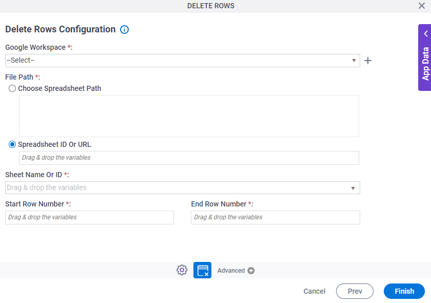 Delete Rows Configuration screen