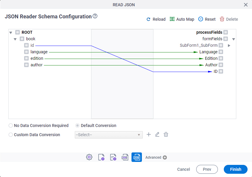 JSON Reader Schema Configuration screen